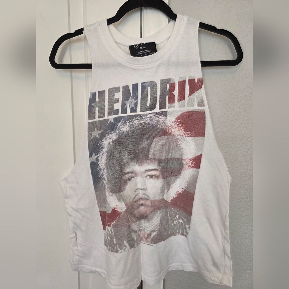 Jimi Hedrix White Graphic Muscle Tee with Red & Blue Patriotic Print